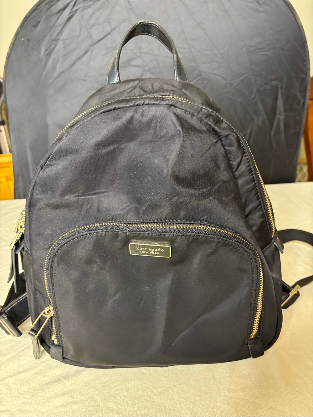 kate spade Black Nylon Backpack with Gold Zippers